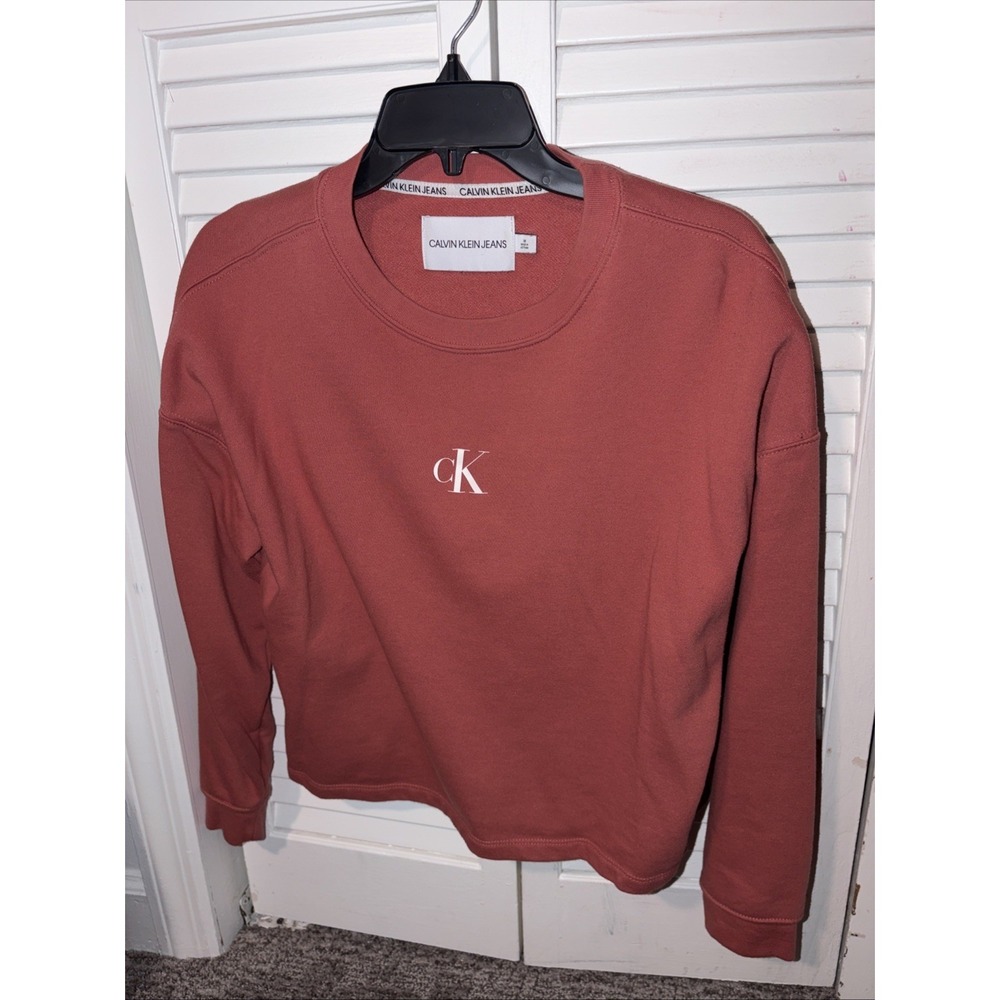 Calvin Klein Sweatshirt Women Med Orange Long Sleeve Spell‎ Out Crew Pullover
